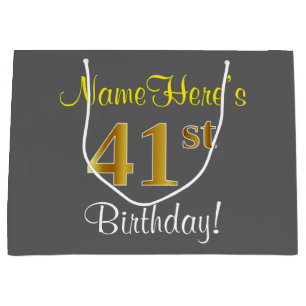 Elegant, grau, Imitate Gold 41. Geburtstag + Name Große Geschenktüte