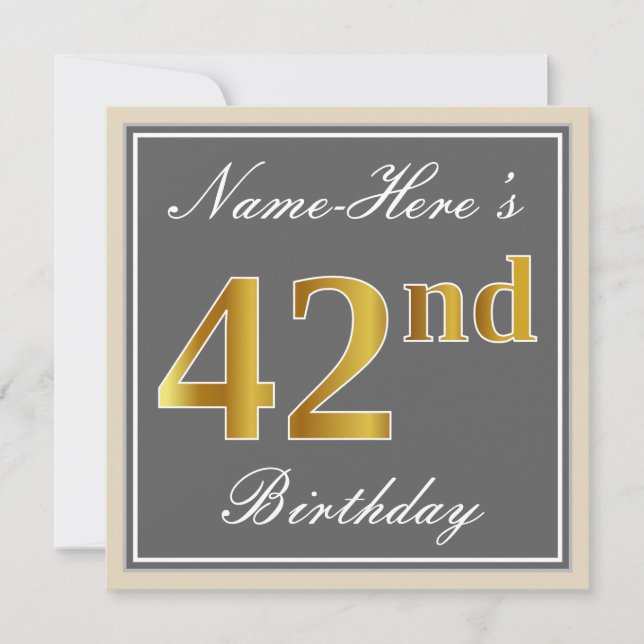 Elegant, grau, Imitate Gold 42. Geburtstag + Name Einladung (Vorderseite)