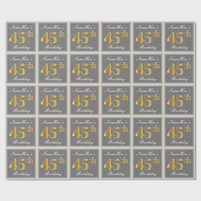 Elegant, grau, Imitate Gold 45. Geburtstag + Name Geschenkpapier (Flach)