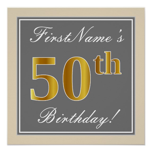 Elegant, grau, Imitate Gold 50. Geburtstag + Name Poster (Vorderseite)