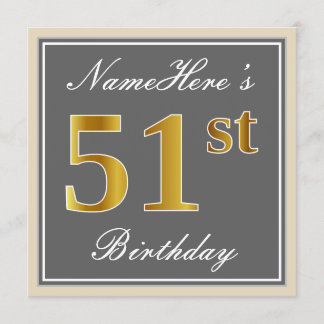 Elegant, Grau, Imitate Gold 51. Geburtstag + Name Einladung