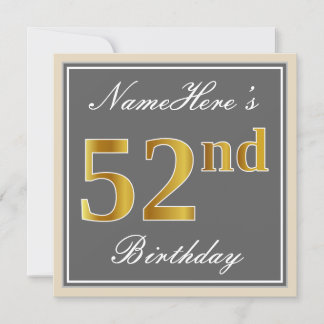 Elegant, grau, Imitate Gold 52. Geburtstag + Name Einladung