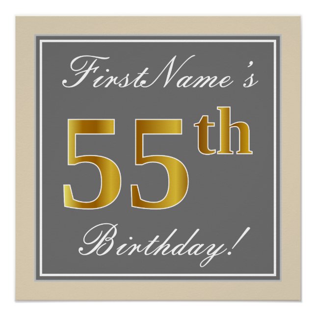 Elegant, grau, Imitate Gold 55. Geburtstag + Name Poster (Vorderseite)