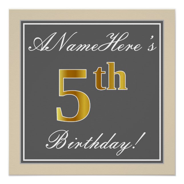 Elegant, grau, Imitate Gold 5. Geburtstag; Individ Poster (Vorderseite)