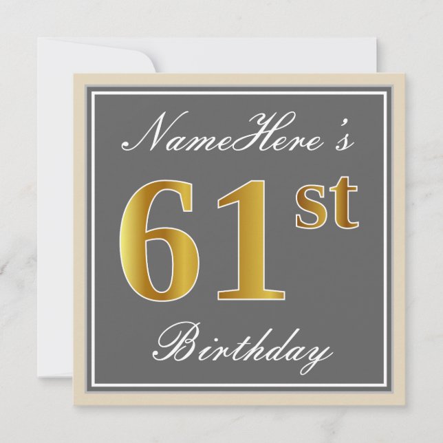 Elegant, grau, Imitate Gold 61. Geburtstag + Name Einladung (Vorderseite)