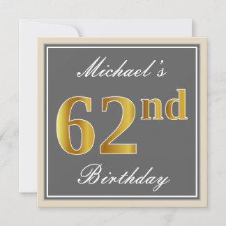 Elegant, grau, Imitate Gold 62. Geburtstag + Name Einladung