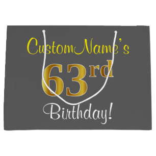 Elegant, grau, Imitate Gold 63. Geburtstag + Name Große Geschenktüte