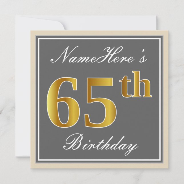 Elegant, grau, Imitate Gold 65. Geburtstag + Name Einladung (Vorderseite)