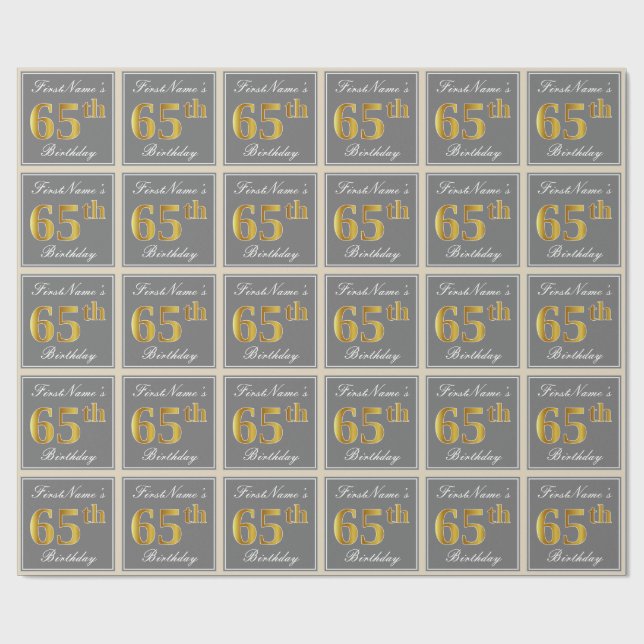 Elegant, grau, Imitate Gold 65. Geburtstag + Name Geschenkpapier (Flach)