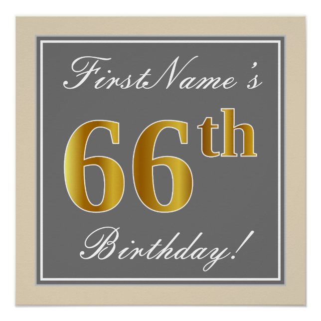 Elegant, grau, Imitate Gold 66. Geburtstag + Name Poster (Vorderseite)