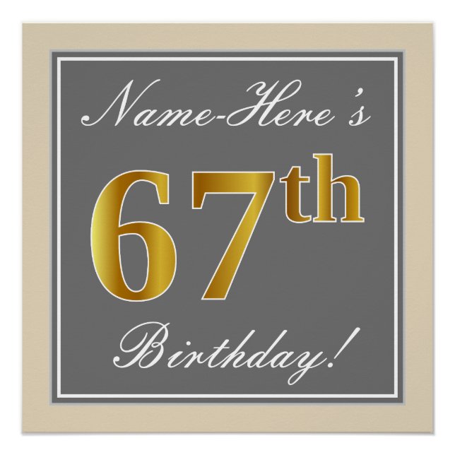 Elegant, grau, Imitate Gold 67. Geburtstag + Name Poster (Vorderseite)