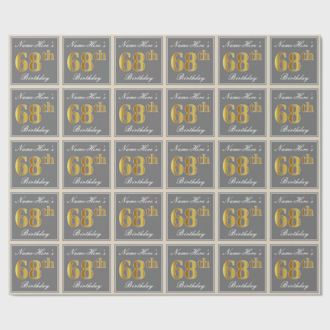 Elegant, grau, Imitate Gold 68. Geburtstag + Name Geschenkpapier (Flach)