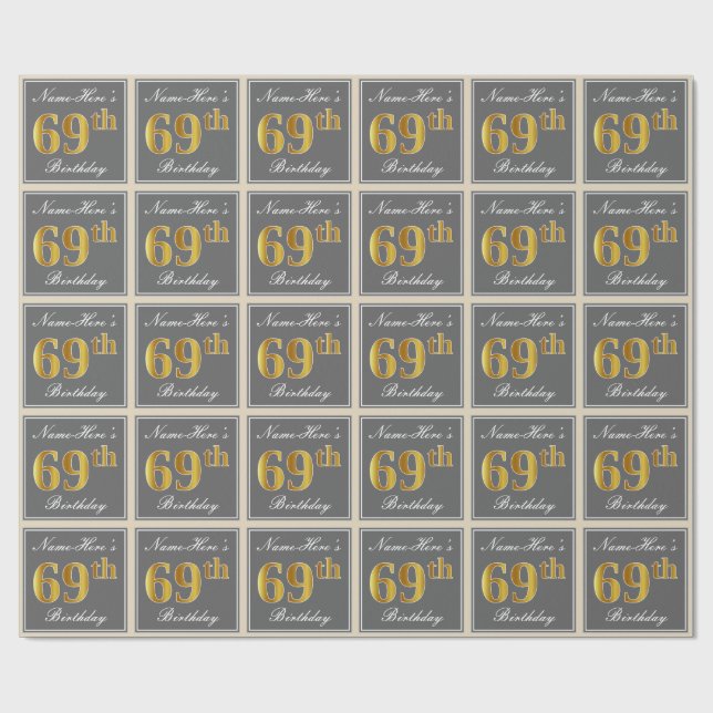 Elegant, grau, Imitate Gold 69. Geburtstag + Name Geschenkpapier (Flach)