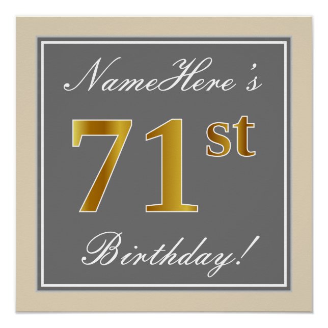 Elegant, grau, Imitate Gold 71. Geburtstag + Name Poster (Vorderseite)