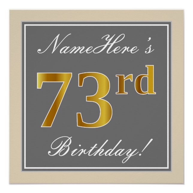 Elegant, grau, Imitate Gold 73. Geburtstag + Name Poster (Vorderseite)