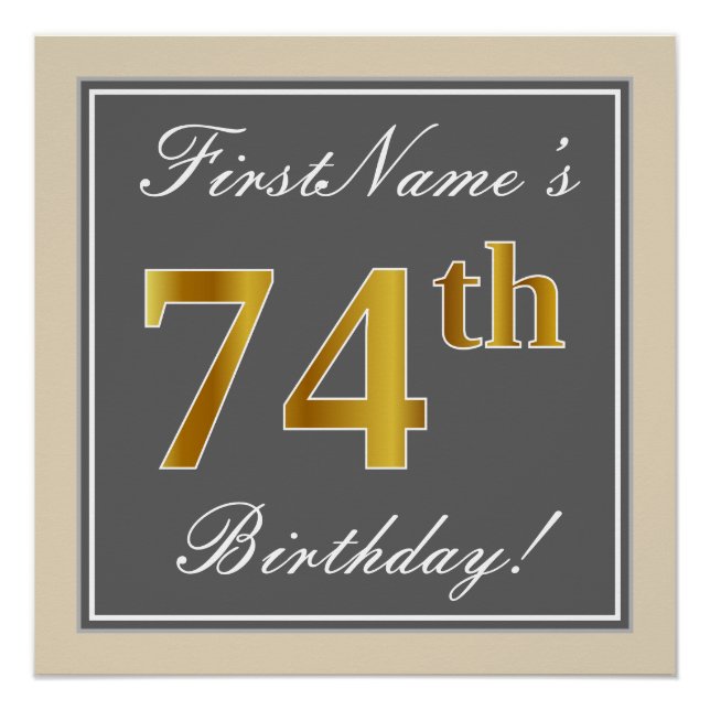 Elegant, grau, Imitate Gold 74. Geburtstag + Name Poster (Vorderseite)