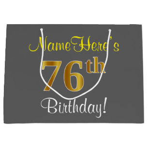 Elegant, grau, Imitate Gold 76. Geburtstag + Name Große Geschenktüte