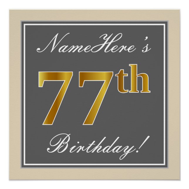 Elegant, grau, Imitate Gold 77. Geburtstag + Name Poster (Vorderseite)