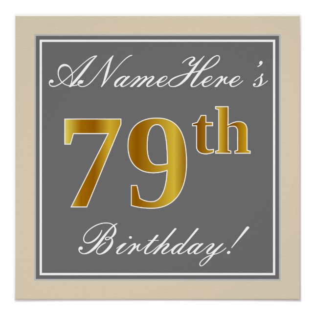Elegant, grau, Imitate Gold 79. Geburtstag + Name Poster (Vorderseite)
