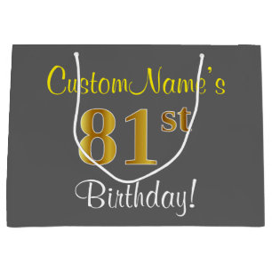 Elegant, grau, Imitate Gold 81. Geburtstag + Name Große Geschenktüte