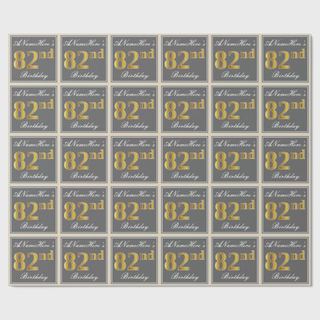 Elegant, grau, Imitate Gold 82. Geburtstag + Name Geschenkpapier (Flach)