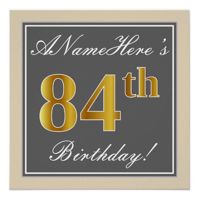 Elegant, grau, Imitate Gold 84. Geburtstag + Name Poster (Vorderseite)