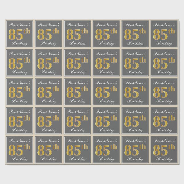 Elegant, grau, Imitate Gold 85. Geburtstag + Name Geschenkpapier (Flach)