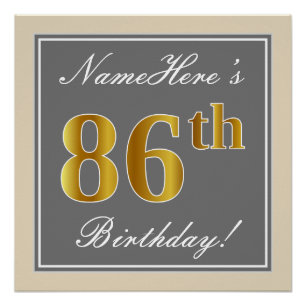 Elegant, grau, Imitate Gold 86. Geburtstag + Name Poster