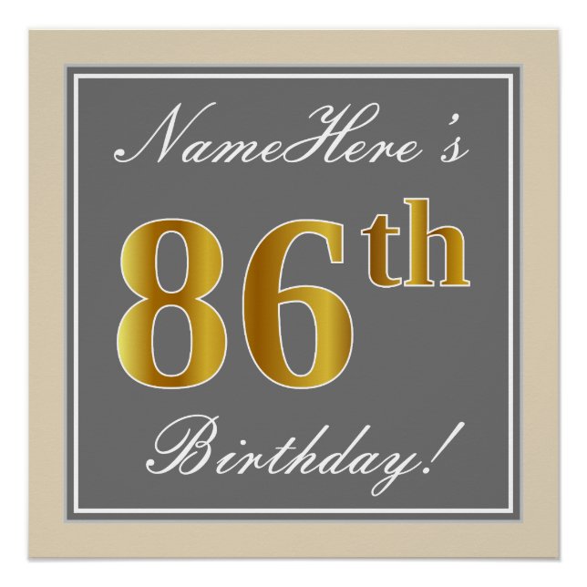 Elegant, grau, Imitate Gold 86. Geburtstag + Name Poster (Vorderseite)