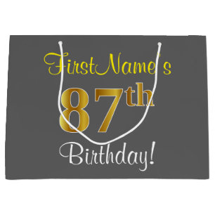 Elegant, grau, Imitate Gold 87. Geburtstag + Name Große Geschenktüte