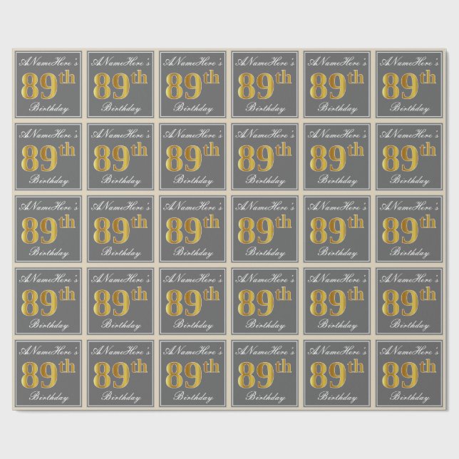 Elegant, grau, Imitate Gold 89. Geburtstag + Name Geschenkpapier (Flach)