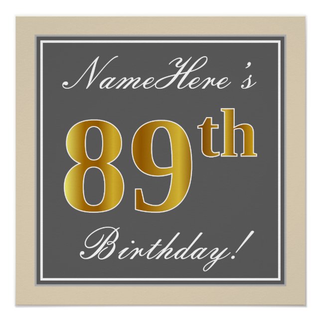 Elegant, grau, Imitate Gold 89. Geburtstag + Name Poster (Vorderseite)
