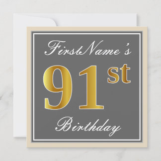 Elegant, Grau, Imitate Gold 91. Geburtstag + Name Einladung