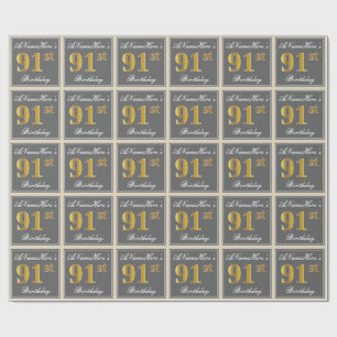 Elegant, grau, Imitate Gold 91. Geburtstag + Name Geschenkpapier