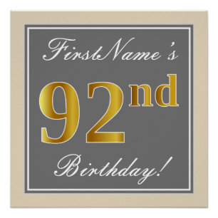 Elegant, grau, Imitate Gold 92. Geburtstag + Name Poster