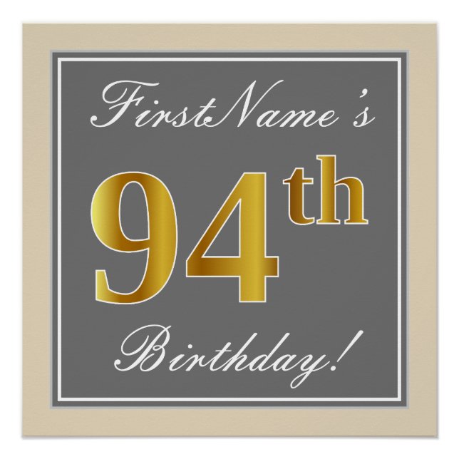 Elegant, grau, Imitate Gold 94. Geburtstag + Name Poster (Vorderseite)