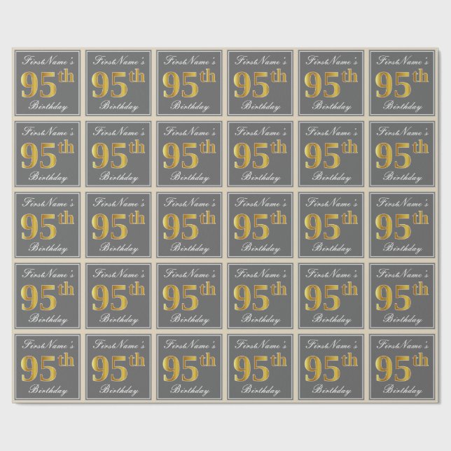 Elegant, grau, Imitate Gold 95. Geburtstag + Name Geschenkpapier (Flach)