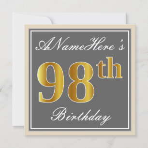 Elegant, grau, Imitate Gold 98. Geburtstag + Name Einladung