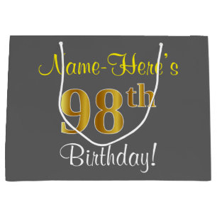 Elegant, grau, Imitate Gold 98. Geburtstag + Name Große Geschenktüte
