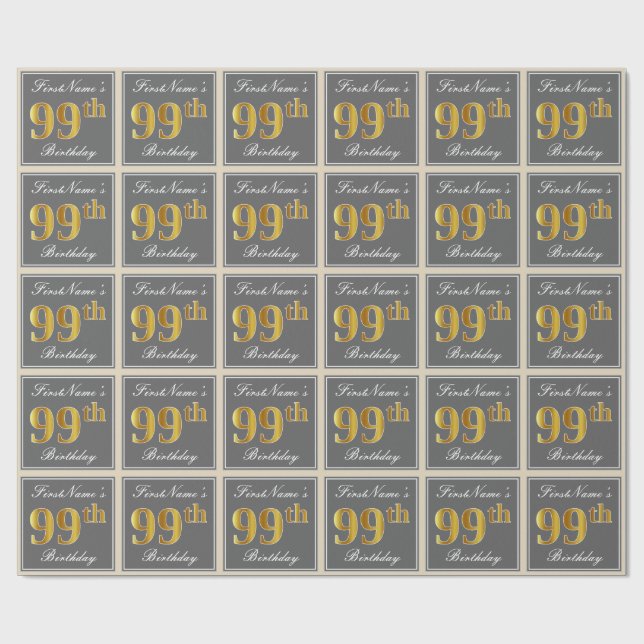 Elegant, grau, Imitate Gold 99. Geburtstag + Name Geschenkpapier (Flach)