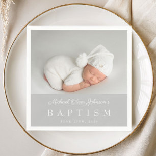Elegant Graue Script-Foto-Taufe Serviette