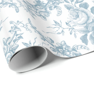 Elegant gravierte blau-weiße Blumengraphik Geschenkpapier