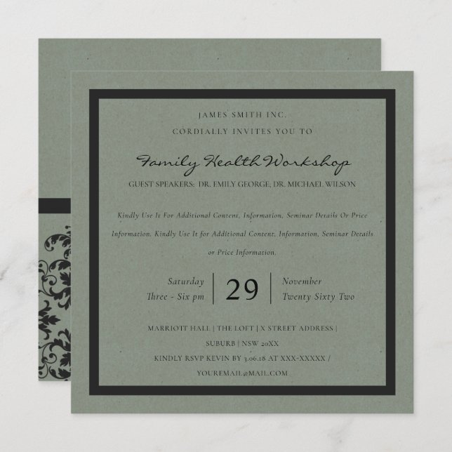 ELEGANT GRAY BLACK DAMASK CLASSIC WORKSHOP EVENT EINLADUNG (Vorne/Hinten)