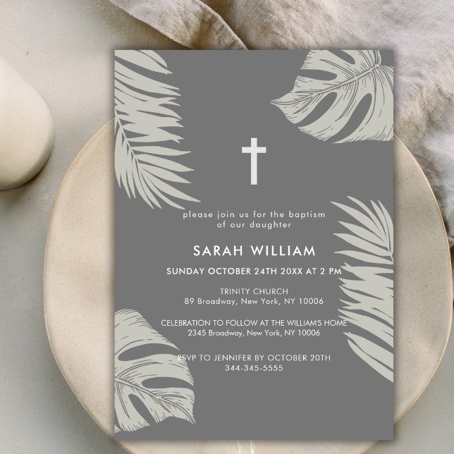 Elegant Gray Boho Blätter Cross Baptisse Einladung (Elegant Grey Boho Leave Gold Cross Baptism Invitation)