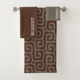 Elegant Gray &Brown Abstract Pattern Custom Name Badhandtuch Set