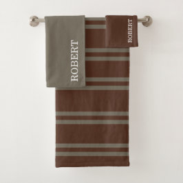 Elegant Gray &Brown Strips Pattern Custom Name Badhandtuch Set