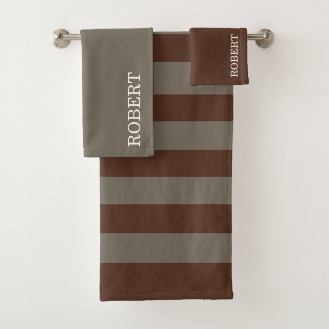 Elegant Gray &Brown Strips Pattern Custom Name Badhandtuch Set (Insitu)