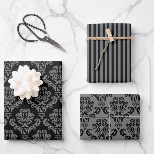 Elegant Gray Damask Geschenkpapier Set (Vorderseite)