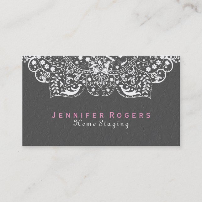 Elegant Gray Damasks White Vintag Lace 2c Visitenkarte (Vorderseite)