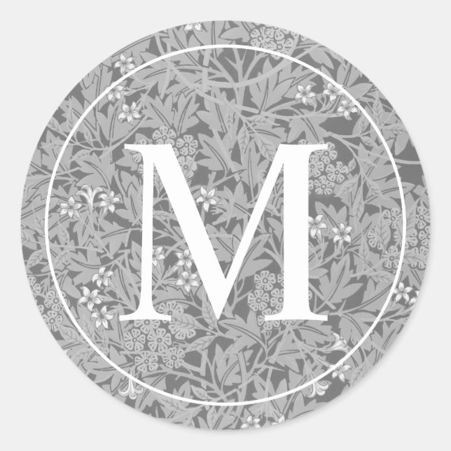 Elegant Gray Floral Monogram Runder Aufkleber (Vorderseite)